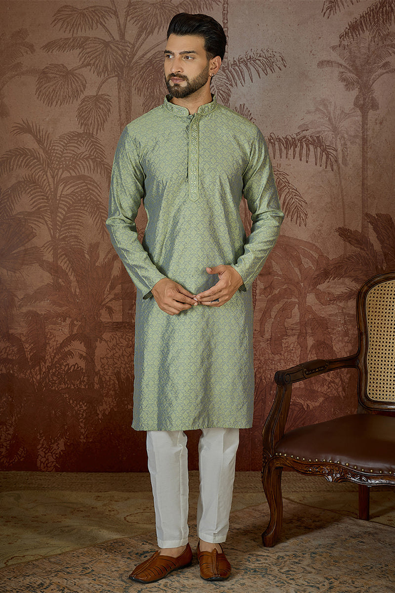Green Jacquard Solid Embroidered Kurta MKU2499