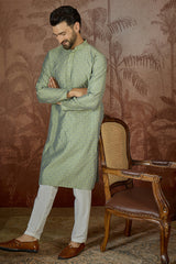 Green Jacquard Solid Embroidered Kurta MKU2499
