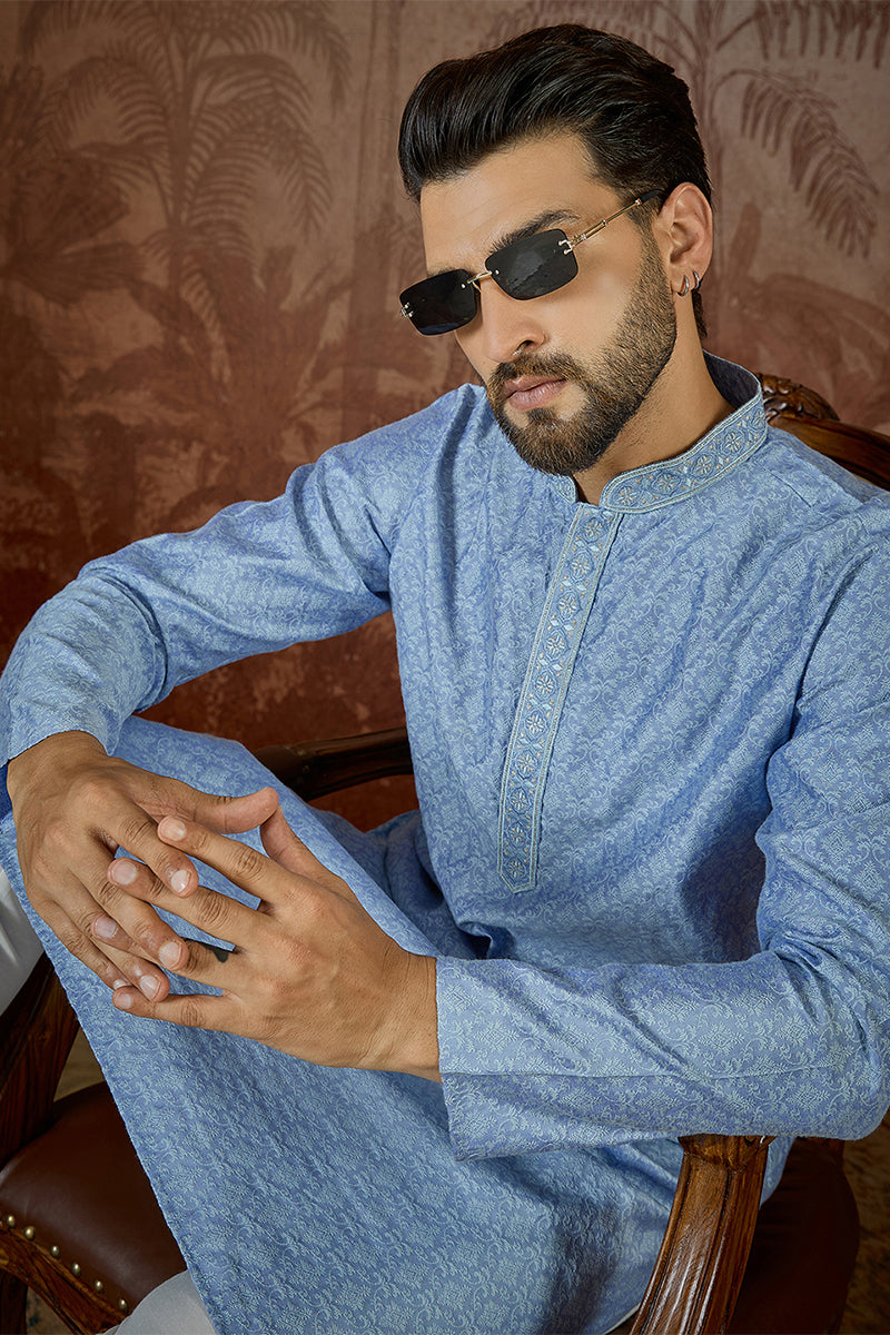 Blue Jacquard Solid Embroidered Kurta With Trouser MKSET2500