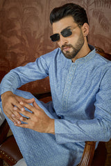 Blue Jacquard Solid Embroidered Kurta MKU2500