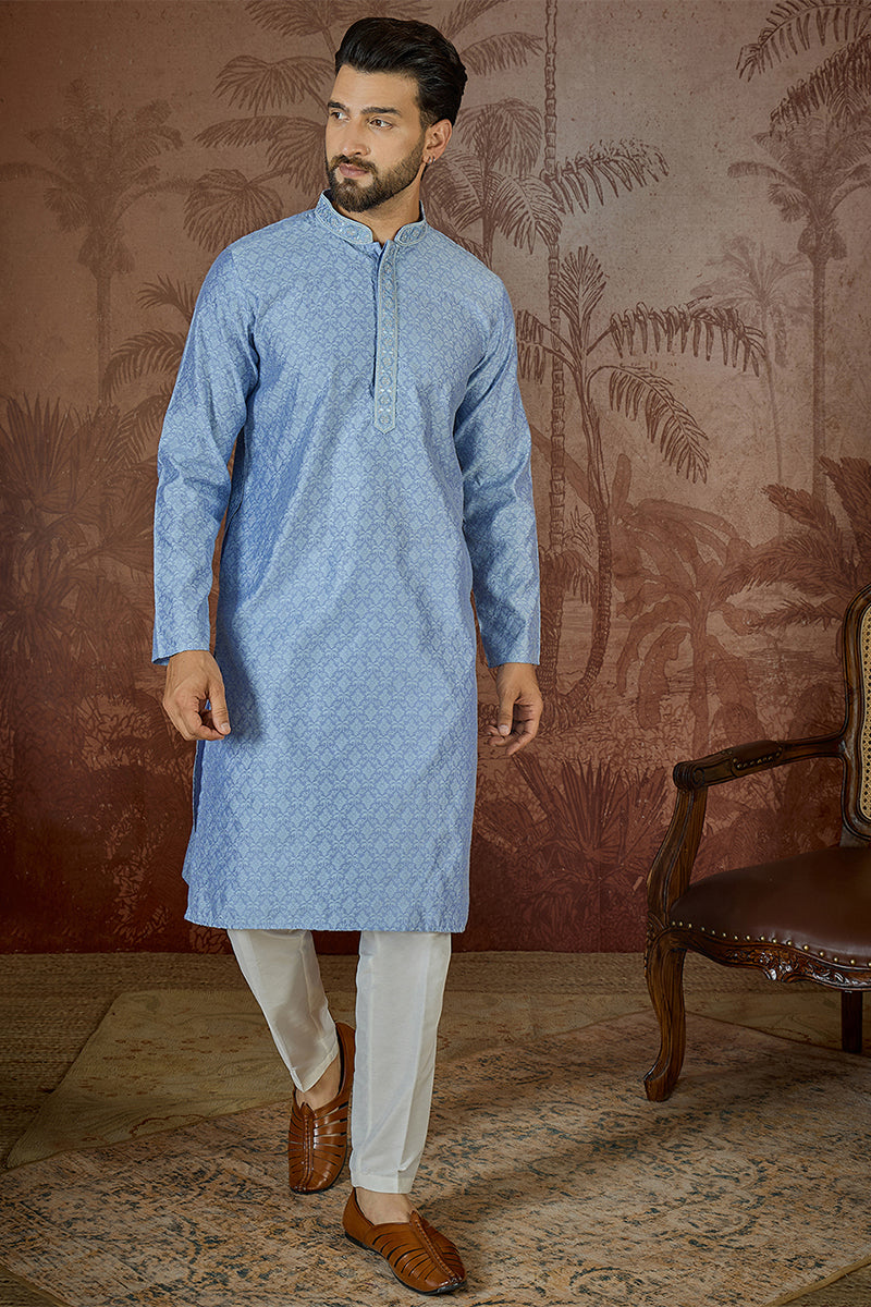Blue Jacquard Solid Embroidered Kurta With Trouser MKSET2500