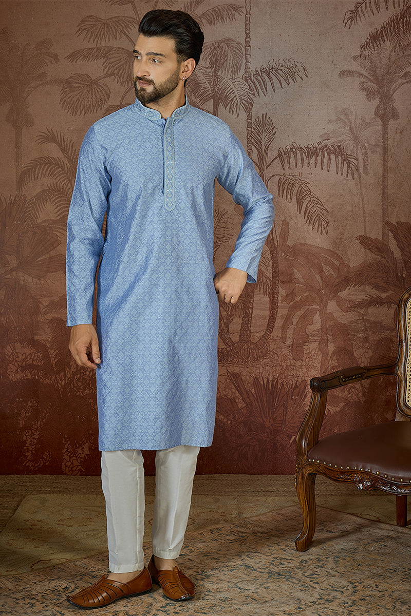 Blue Jacquard Solid Embroidered Kurta With Trouser MKSET2500