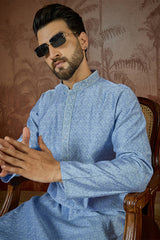 Blue Jacquard Solid Embroidered Kurta With Trouser MKSET2500