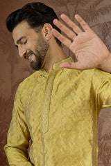 Yellow Jacquard Solid Embroidered Kurta MKU2501
