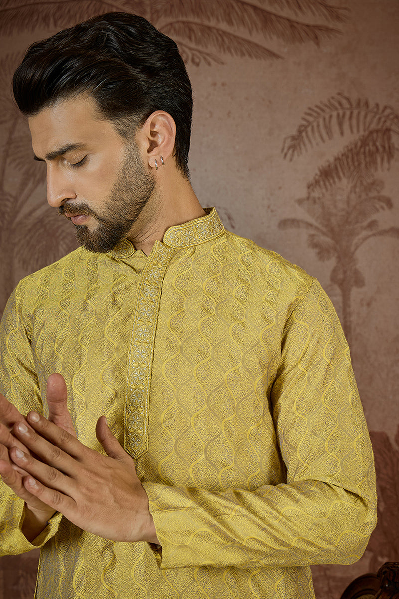 Yellow Jacquard Solid Embroidered Kurta With Trouser MKSET2501