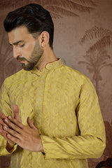 Yellow Jacquard Solid Embroidered Kurta With Trouser MKSET2501