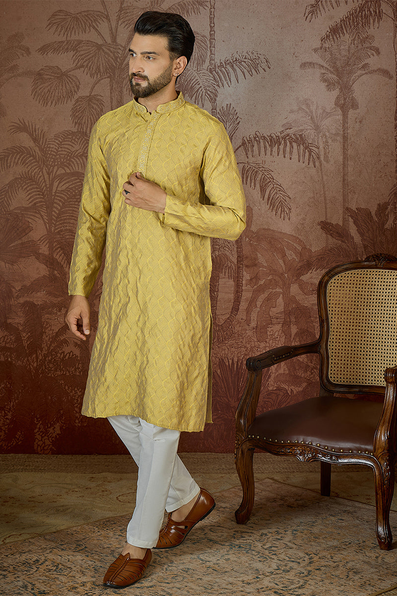 Yellow Jacquard Solid Embroidered Kurta MKU2501