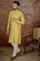 Yellow Jacquard Solid Embroidered Kurta MKU2501