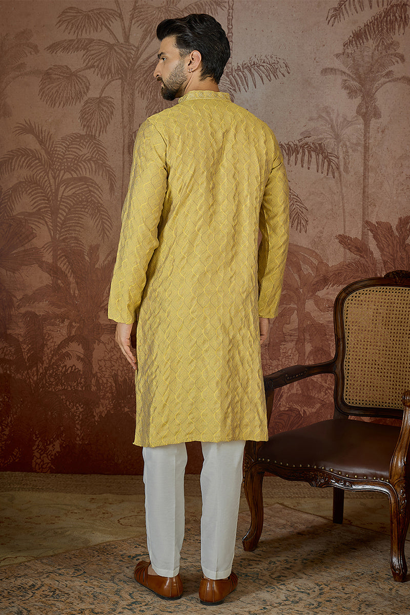 Yellow Jacquard Solid Embroidered Kurta With Trouser MKSET2501