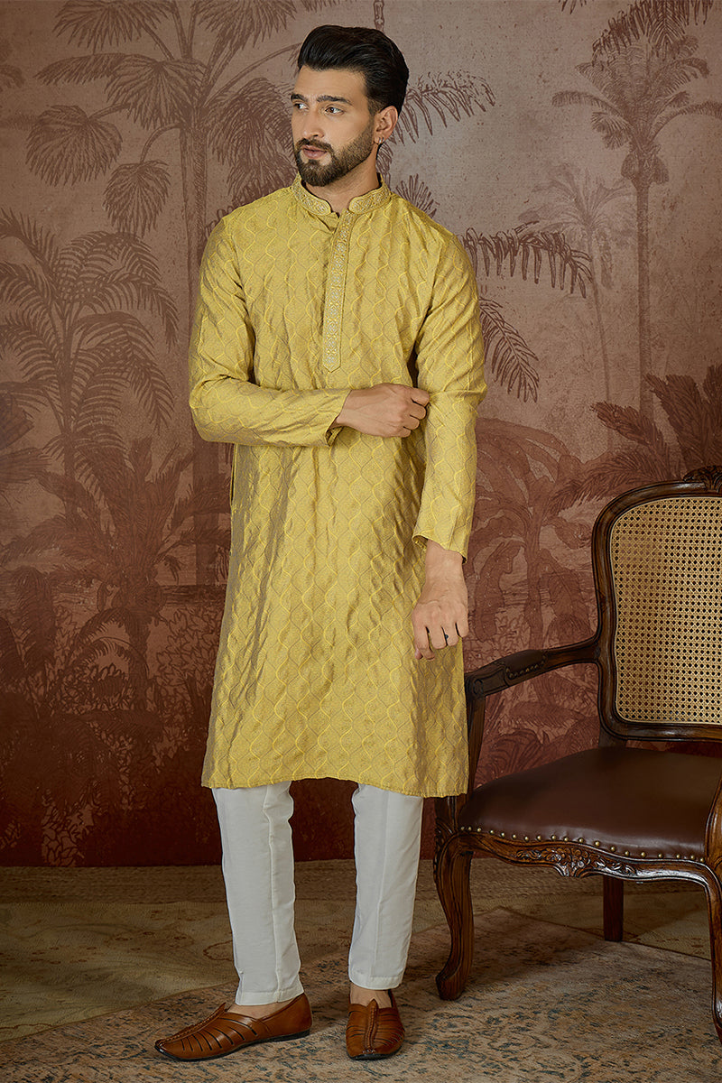 Yellow Jacquard Solid Embroidered Kurta MKU2501