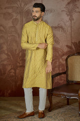 Yellow Jacquard Solid Embroidered Kurta MKU2501