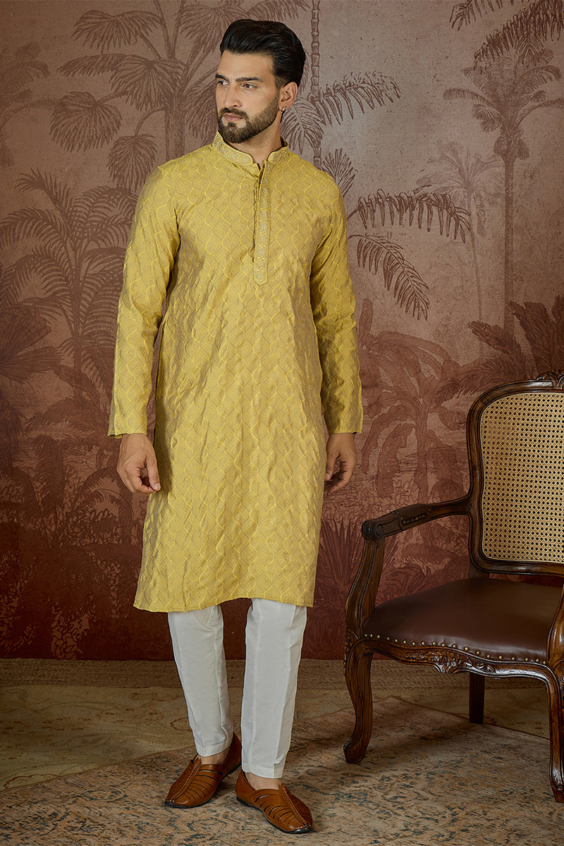 Yellow Jacquard Solid Embroidered Kurta MKU2501