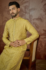 Yellow Jacquard Solid Embroidered Kurta With Trouser MKSET2501