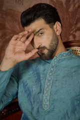 Teal Jacquard Solid Embroidered Kurta With Trouser MKSET2502