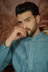 Teal Jacquard Solid Embroidered Kurta With Trouser MKSET2502