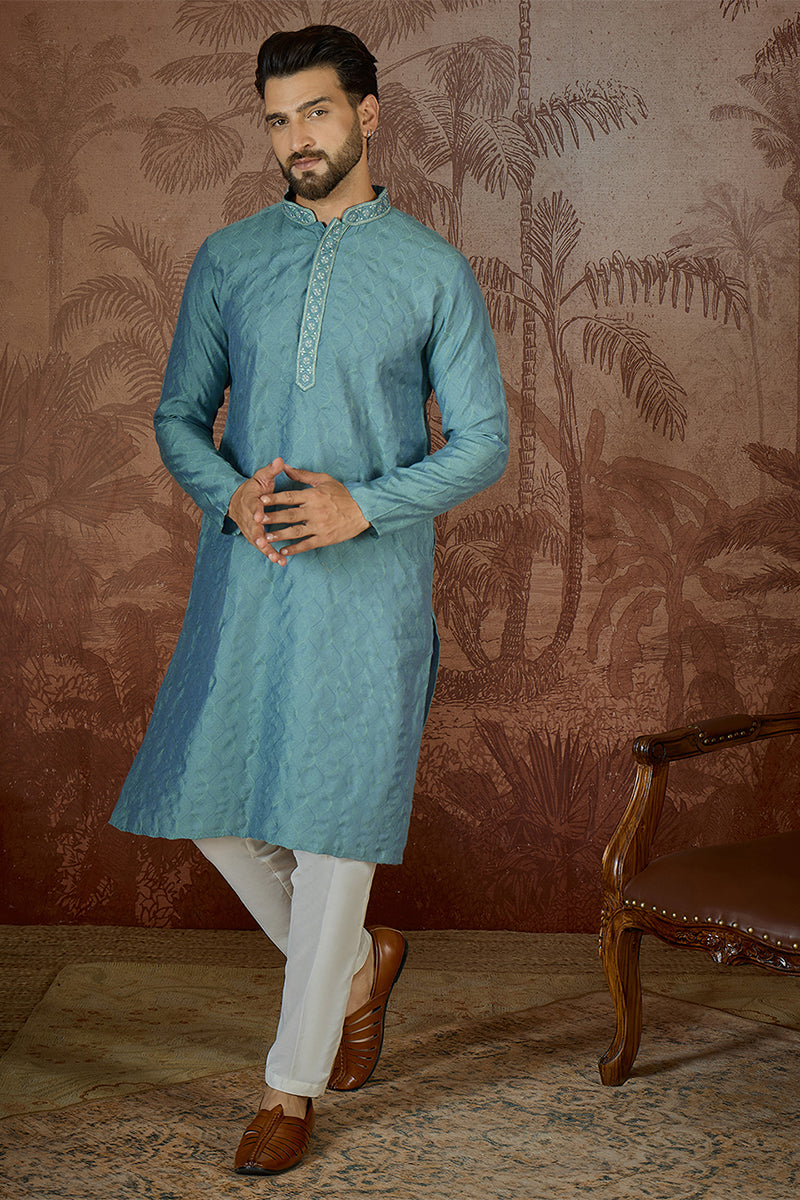 Teal Jacquard Solid Embroidered Kurta With Trouser MKSET2502