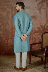 Teal Jacquard Solid Embroidered Kurta With Trouser MKSET2502