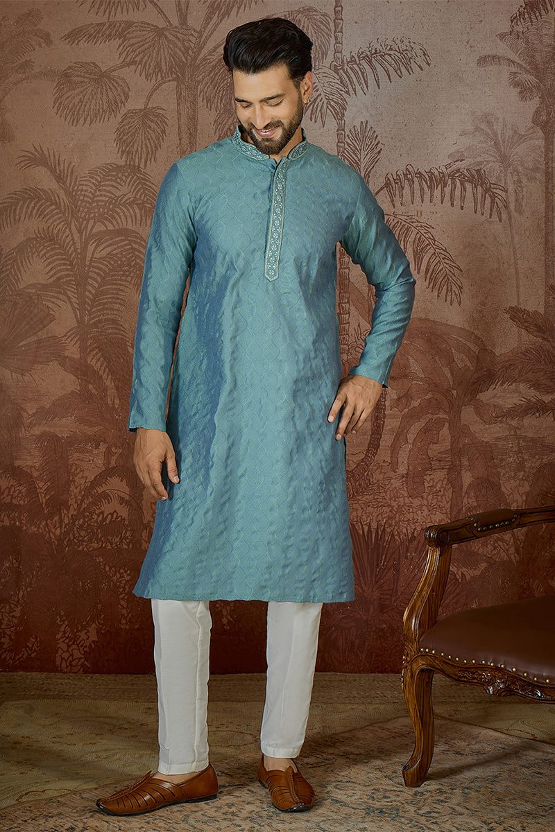 Teal Jacquard Solid Embroidered Kurta With Trouser MKSET2502
