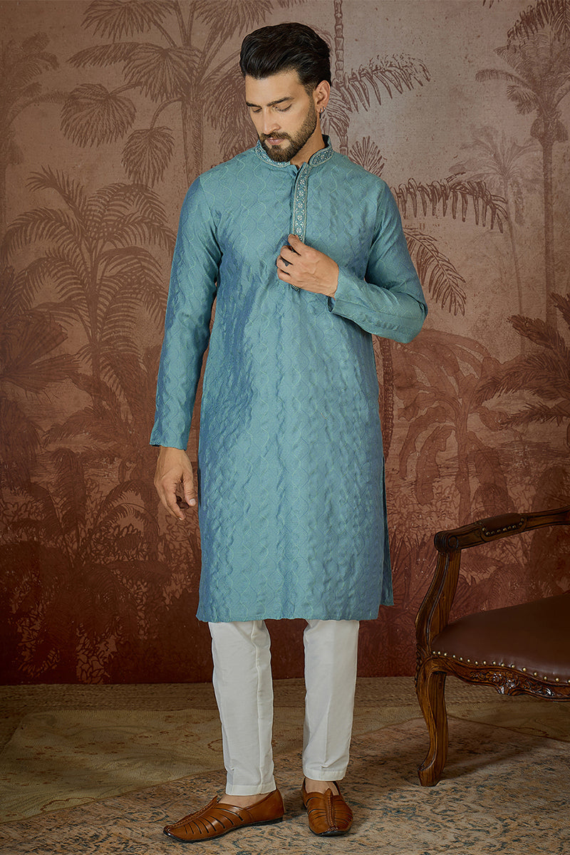 Teal Jacquard Solid Embroidered Kurta With Trouser MKSET2502