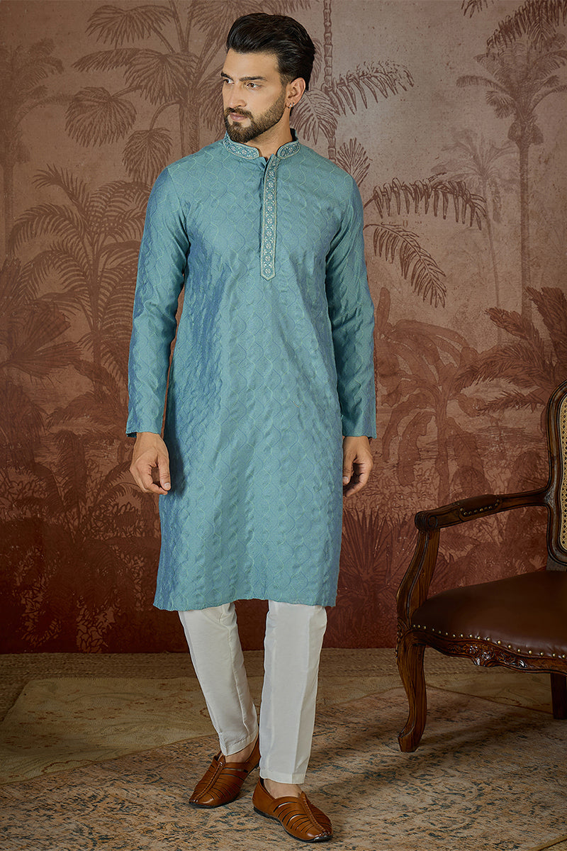 Teal Jacquard Solid Embroidered Kurta With Trouser MKSET2502