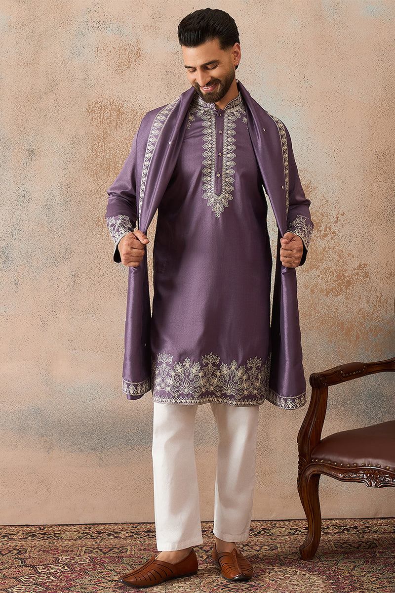 Lavender Silk Blend Solid Embroidered Kurta & Trouser With Dupatta MKPD1009