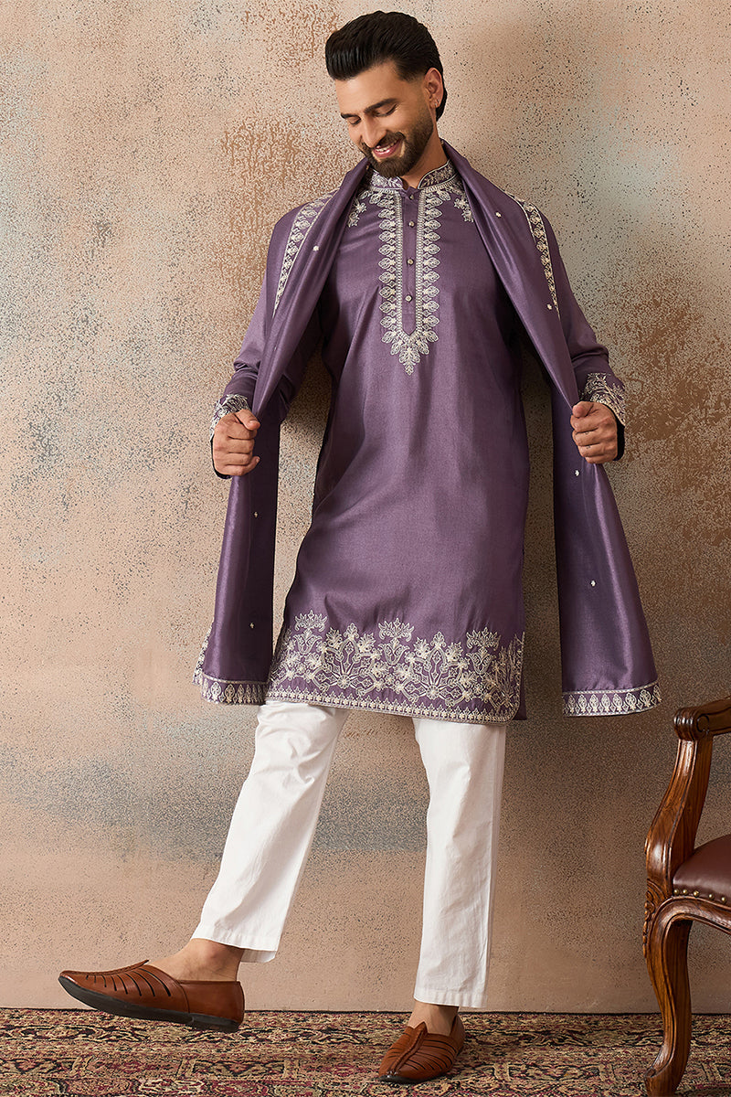 Lavender Silk Blend Solid Embroidered Kurta & Trouser With Dupatta MKPD1009