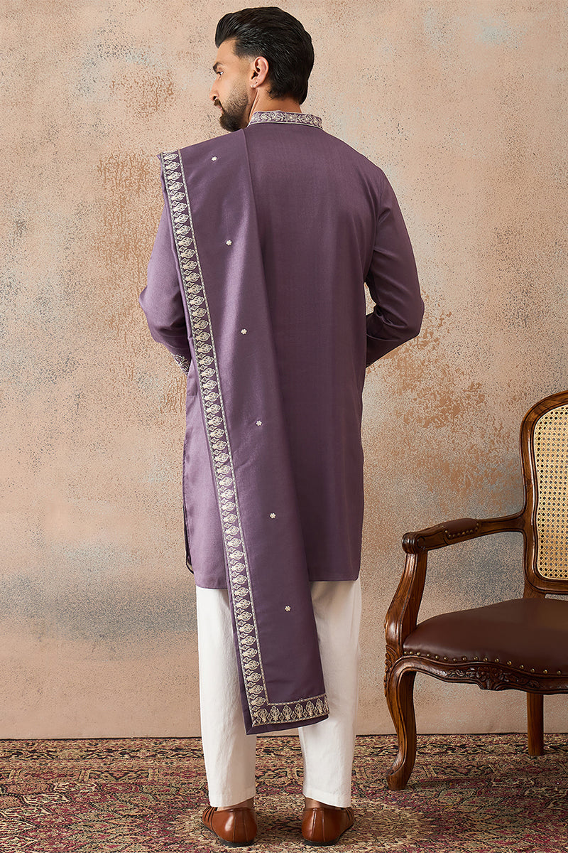 Lavender Silk Blend Solid Embroidered Kurta & Trouser With Dupatta MKPD1009