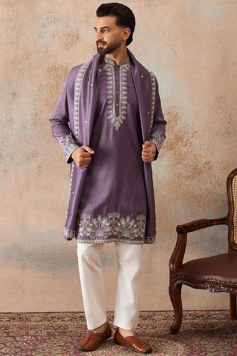 Lavender Silk Blend Solid Embroidered Kurta & Trouser With Dupatta MKPD1009