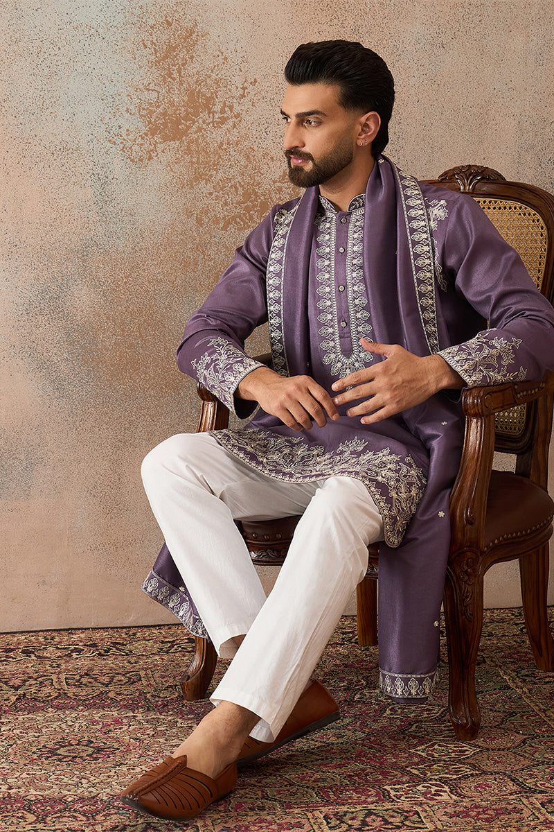 Lavender Silk Blend Solid Embroidered Kurta With Dupatta MKUD1009
