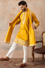 Yellow Silk Blend Solid Embroidered Kurta With Dupatta MKUD1010