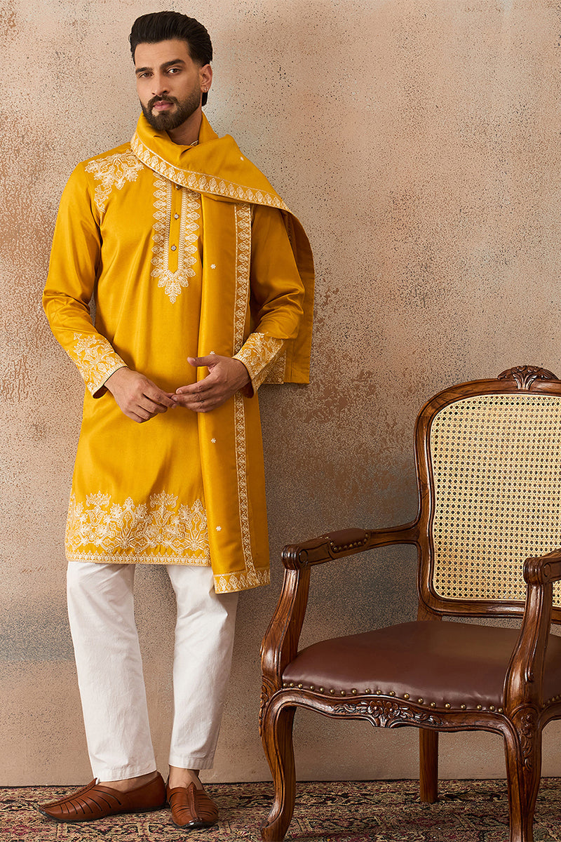 Yellow Silk Blend Solid Embroidered Kurta & Trouser With Dupatta MKPD1010