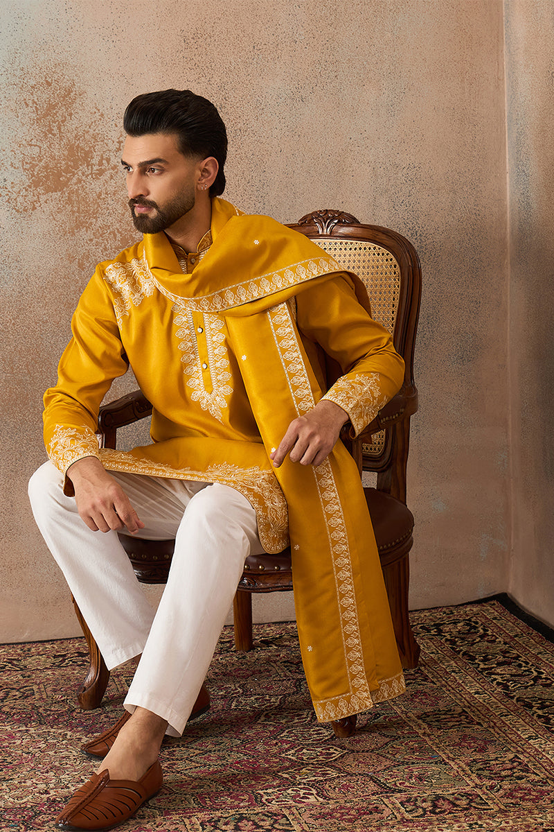 Yellow Silk Blend Solid Embroidered Kurta & Trouser With Dupatta MKPD1010