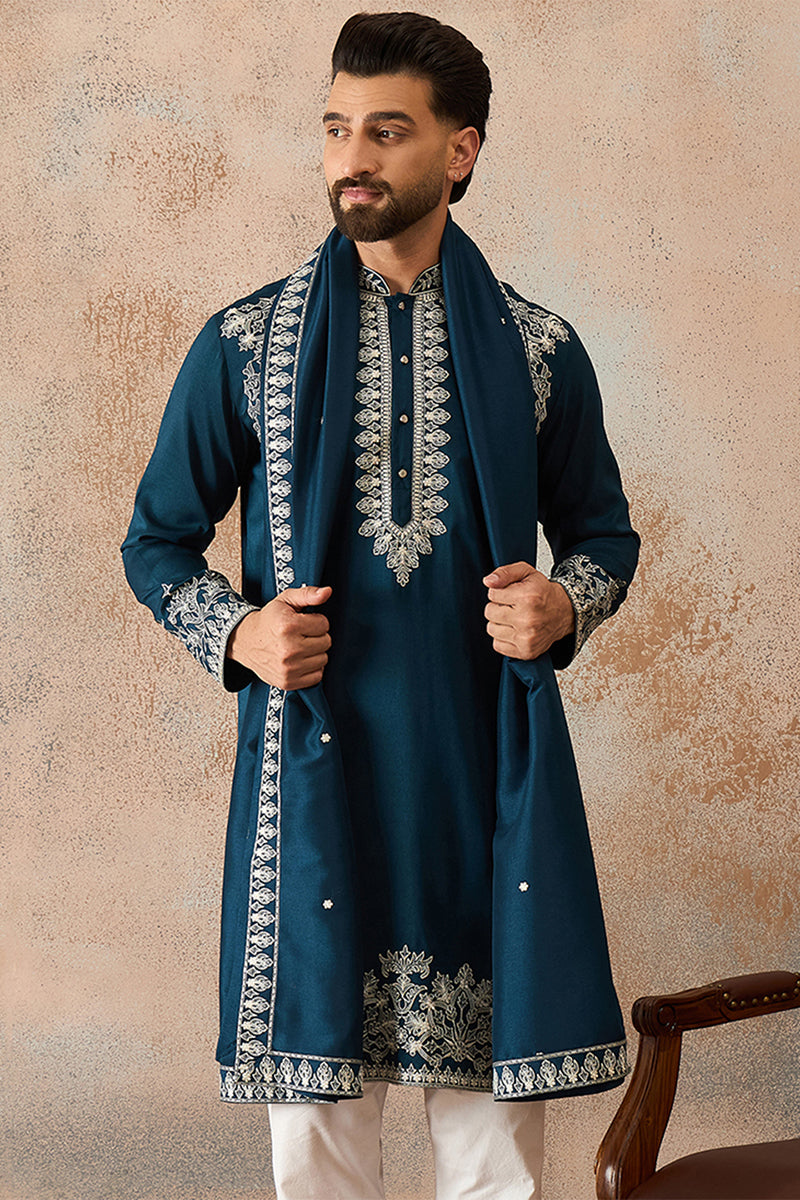 Blue Silk Blend Solid Embroidered Kurta With Dupatta MKUD1011