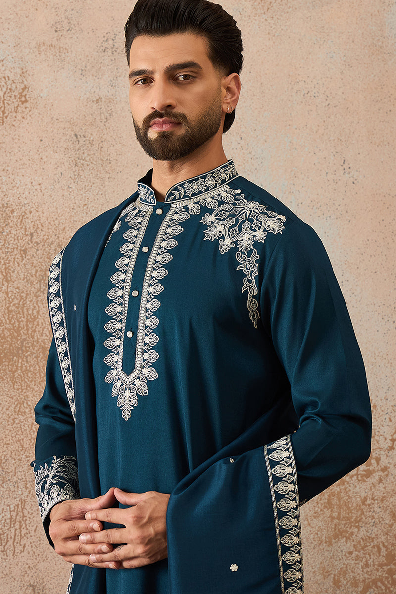 Blue Silk Blend Solid Embroidered Kurta & Trouser With Dupatta MKPD1011