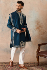 Blue Silk Blend Solid Embroidered Kurta & Trouser With Dupatta MKPD1011