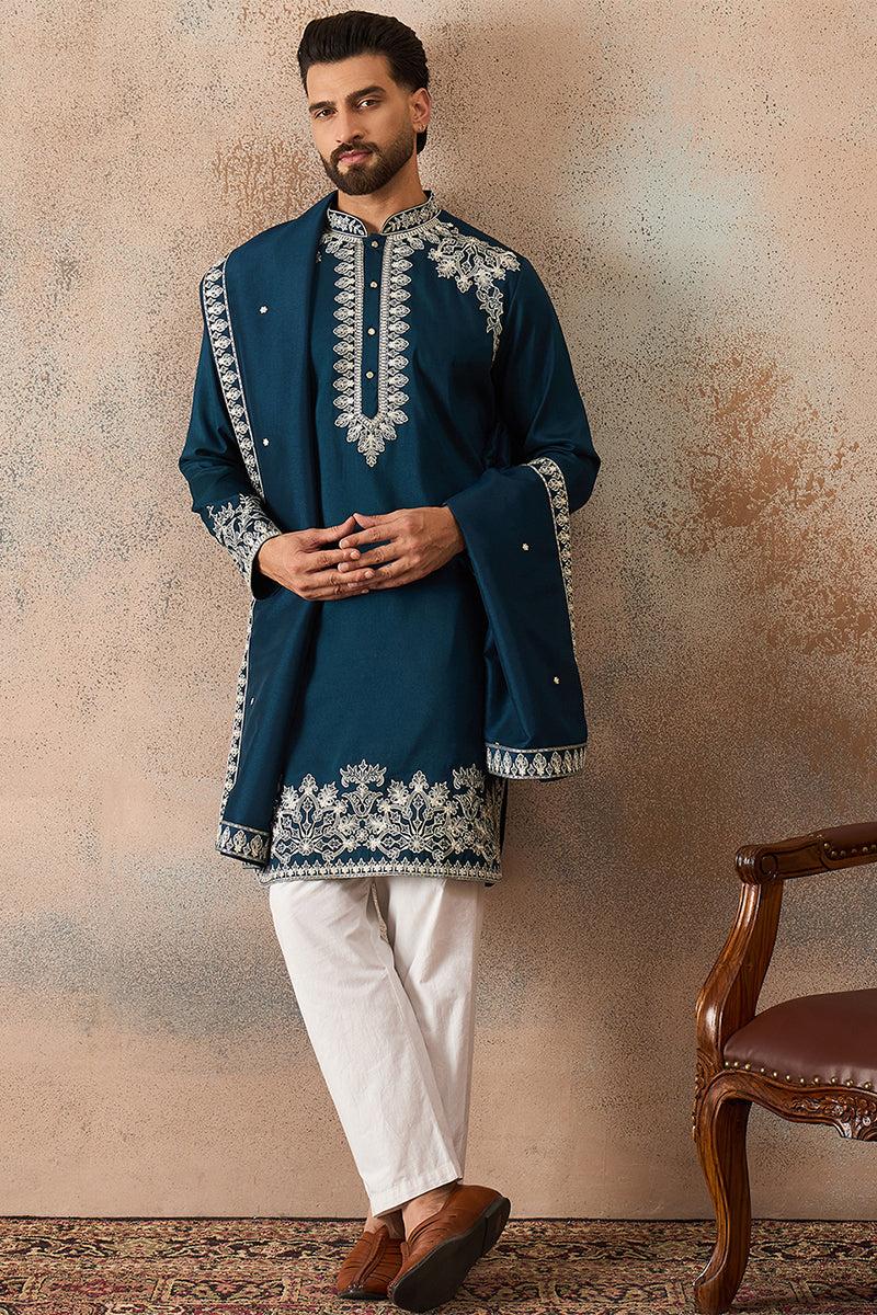 Blue Silk Blend Solid Embroidered Kurta & Trouser With Dupatta MKPD1011