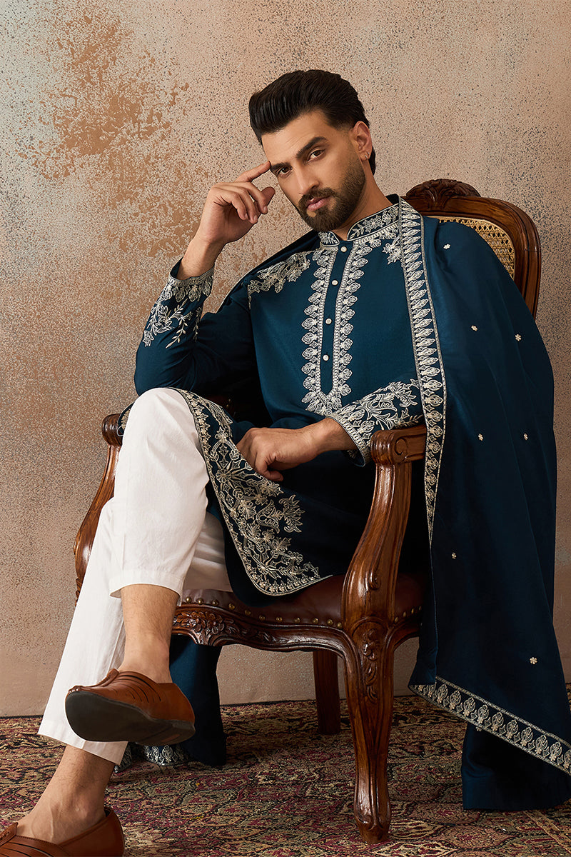 Blue Silk Blend Solid Embroidered Kurta & Trouser With Dupatta MKPD1011