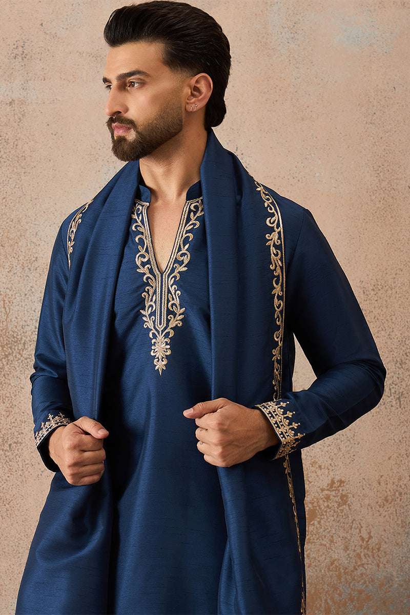 Blue Silk Blend Solid Embroidered Kurta & Trouser With Dupatta MKPD1020