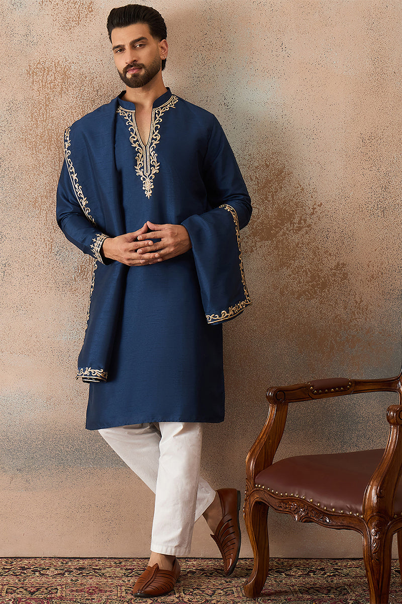 Blue Silk Blend Solid Embroidered Kurta & Trouser With Dupatta MKPD1020