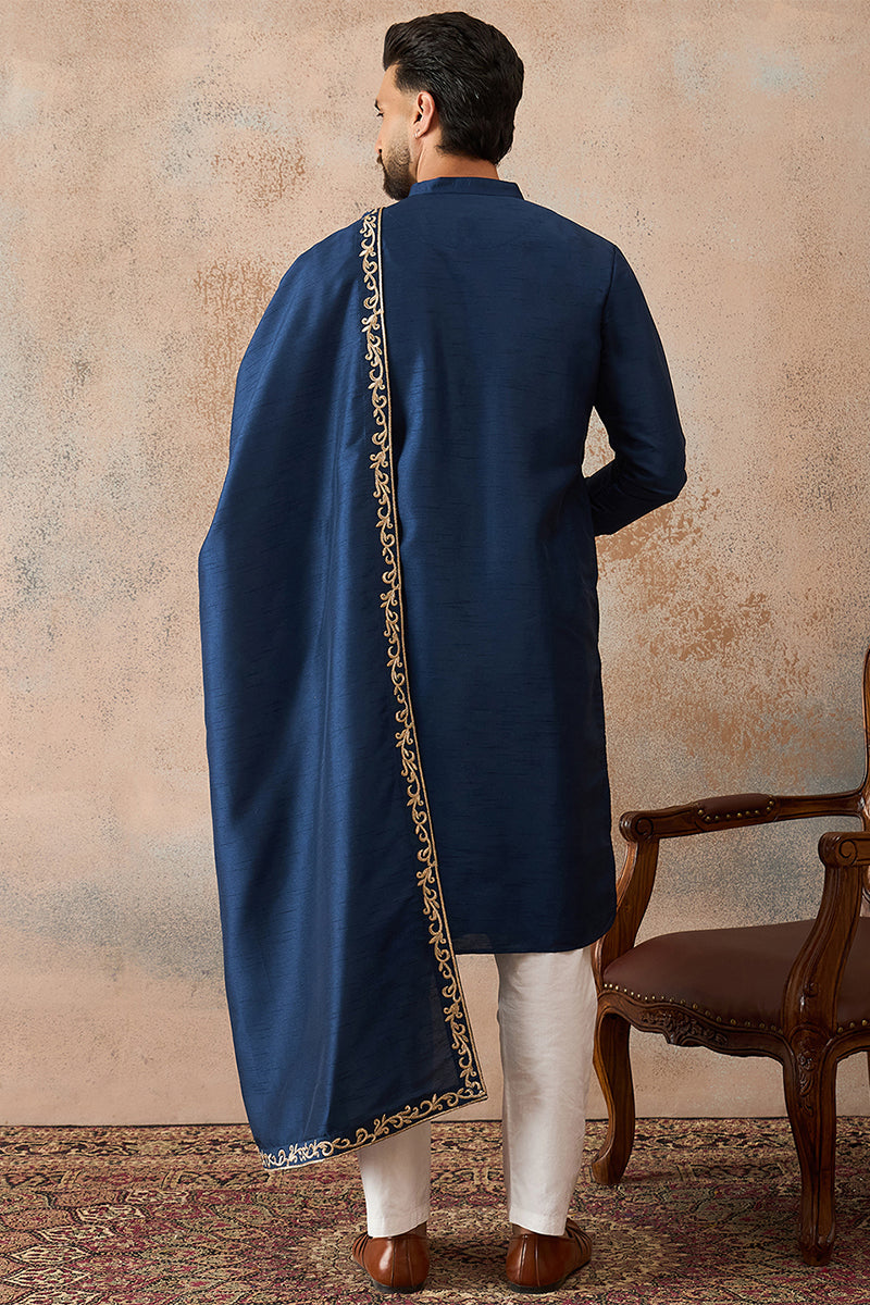 Blue Silk Blend Solid Embroidered Kurta & Trouser With Dupatta MKPD1020