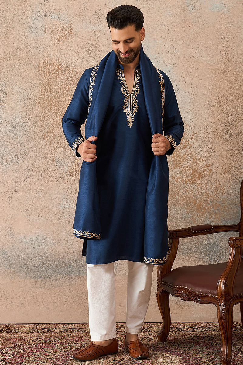 Blue Silk Blend Solid Embroidered Kurta & Trouser With Dupatta MKPD1020