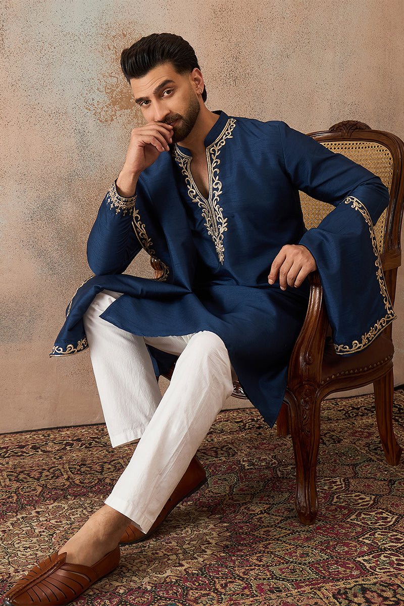 Blue Silk Blend Solid Embroidered Kurta With Dupatta MKUD1020