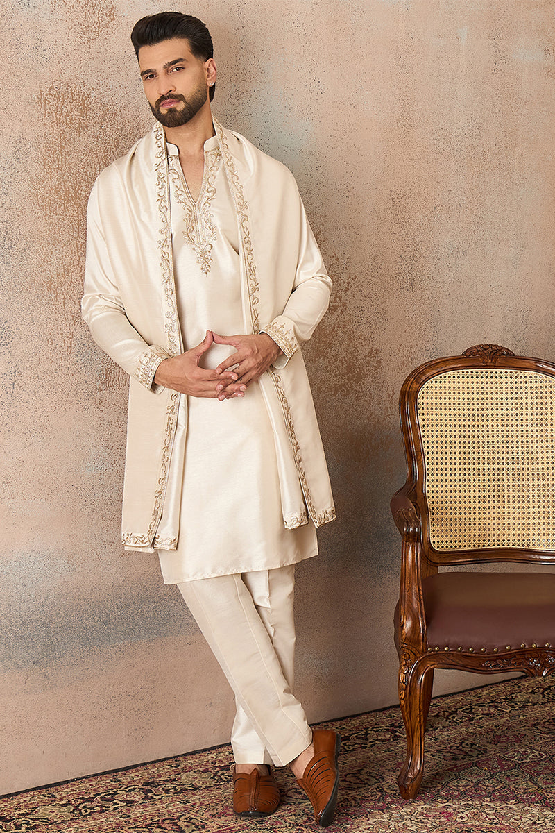 Off White Silk Blend Solid Embroidered Kurta With Dupatta MKUD1021