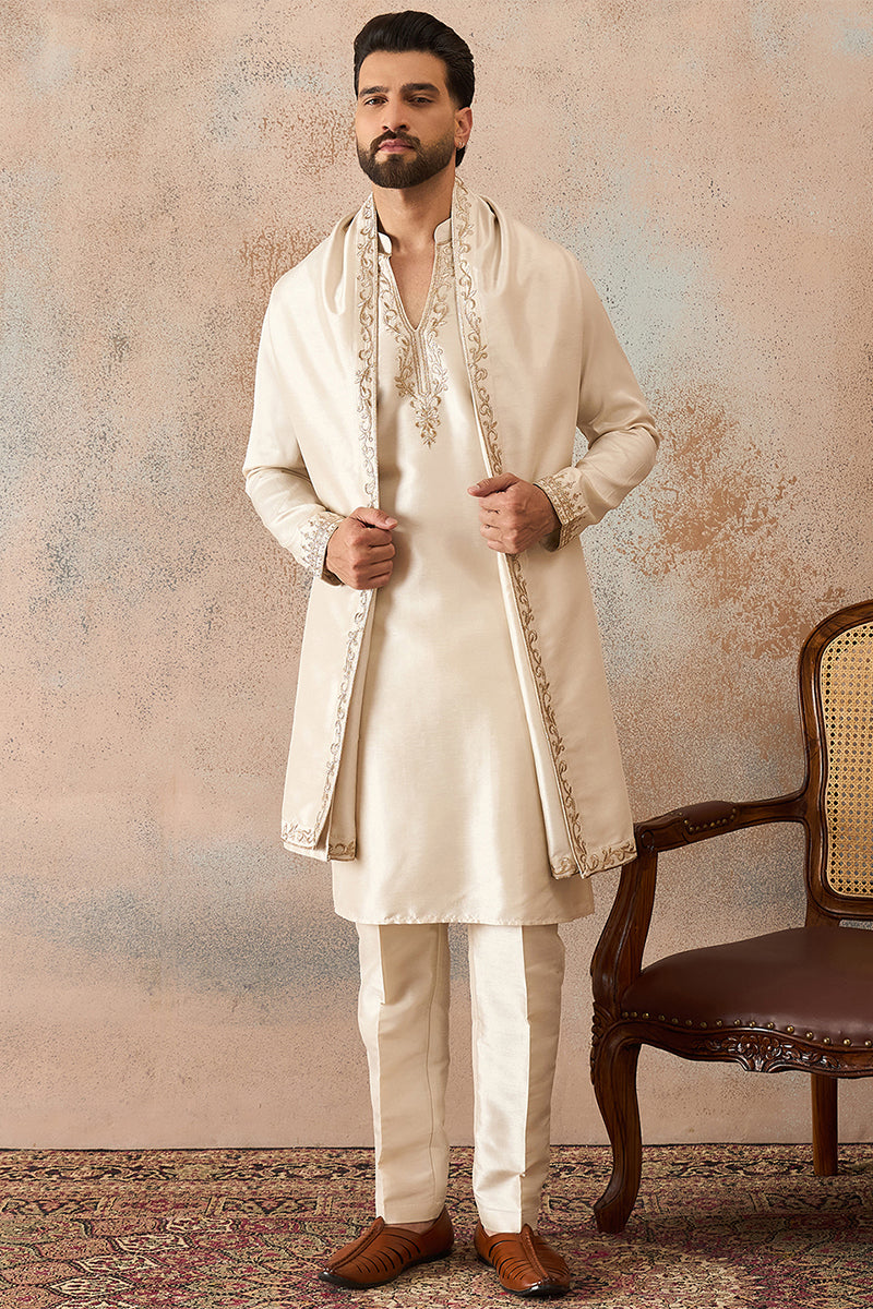 Off White Silk Blend Solid Embroidered Kurta With Dupatta MKUD1021