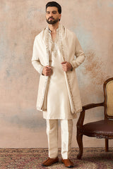 Off White Silk Blend Solid Embroidered Kurta With Dupatta MKUD1021