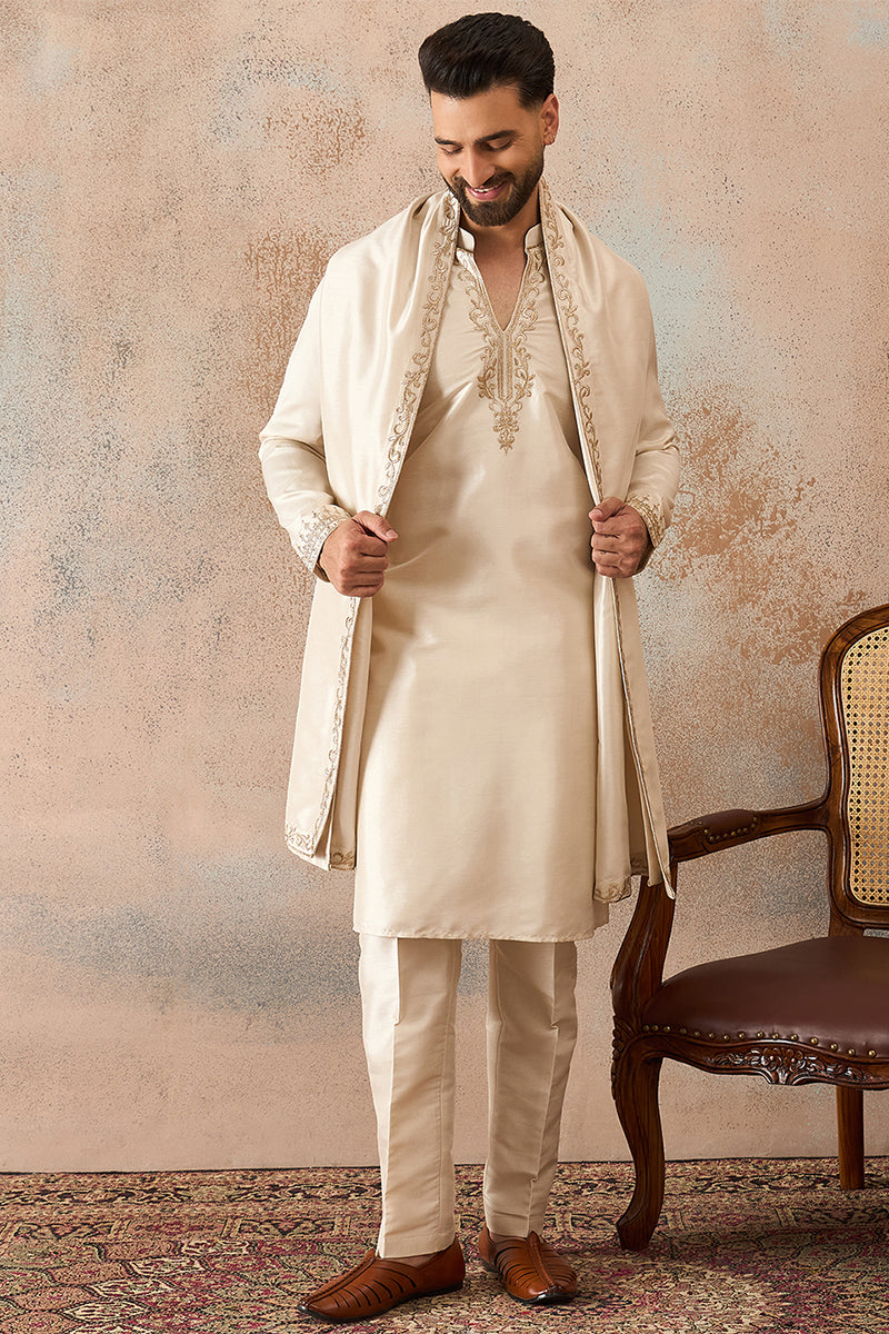 Off White Silk Blend Solid Embroidered Kurta With Dupatta MKUD1021