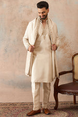 Off White Silk Blend Solid Embroidered Kurta With Dupatta MKUD1021