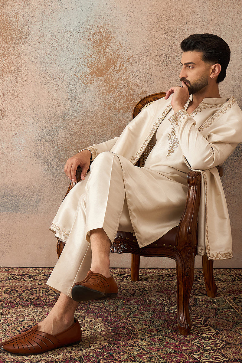 Off White Silk Blend Solid Embroidered Kurta With Dupatta MKUD1021