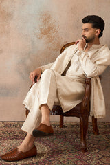 Off White Silk Blend Solid Embroidered Kurta With Dupatta MKUD1021