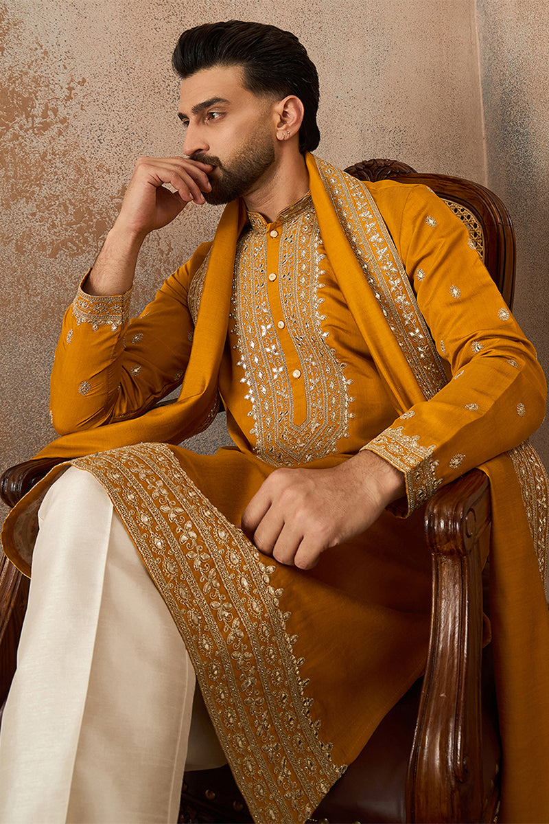 Mustard Silk Blend Solid Embroidered Kurta And Trouser With Dupatta MKPD1029